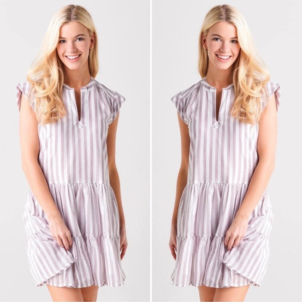 Oliphant Roll Sleeve Dress Stone Gray Stripe Print Size Large